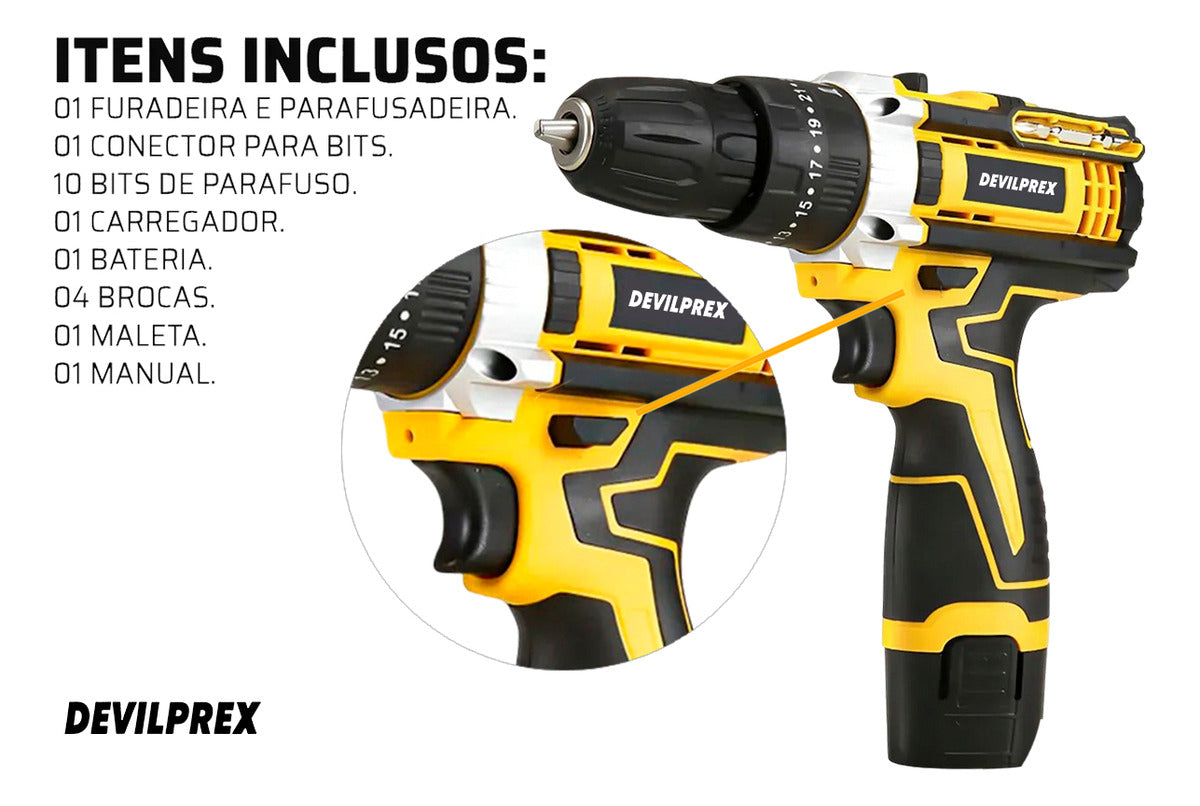 Jogo De Ferramentas 169 Peças Com Maleta E Furadeira Parafusadeira Sem Fio A Bateria 12v Devilprex