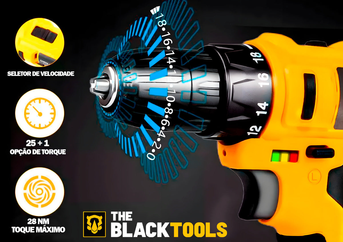 Parafusadeira Furadeira Sem Fio Bateria 12v P/ Madeira Metal Tb-12e The Black Tools Com Jogo De Soquetes 40 Peças