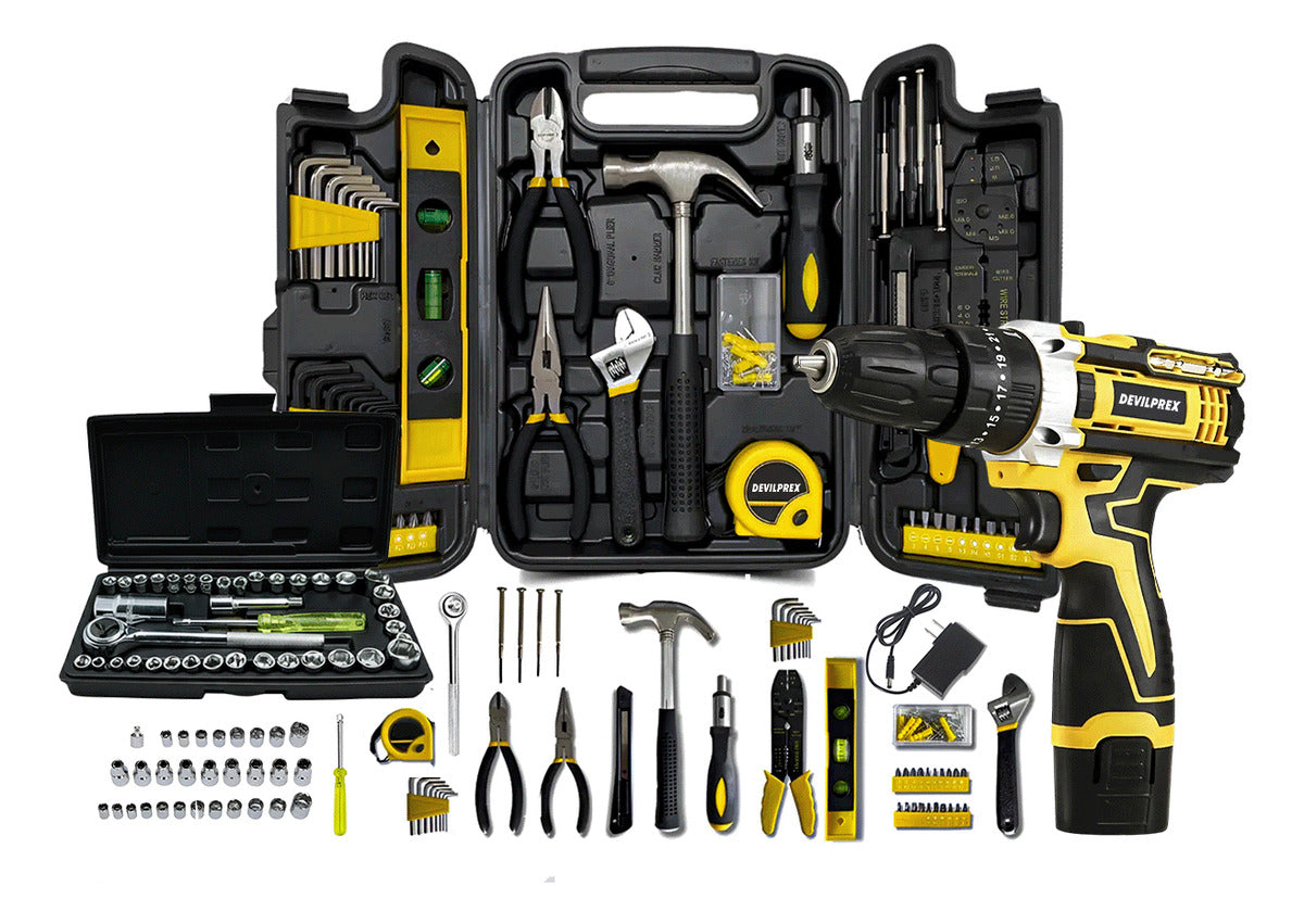 Jogo De Ferramentas 169 Peças Com Maleta E Furadeira Parafusadeira Sem Fio A Bateria 12v Devilprex