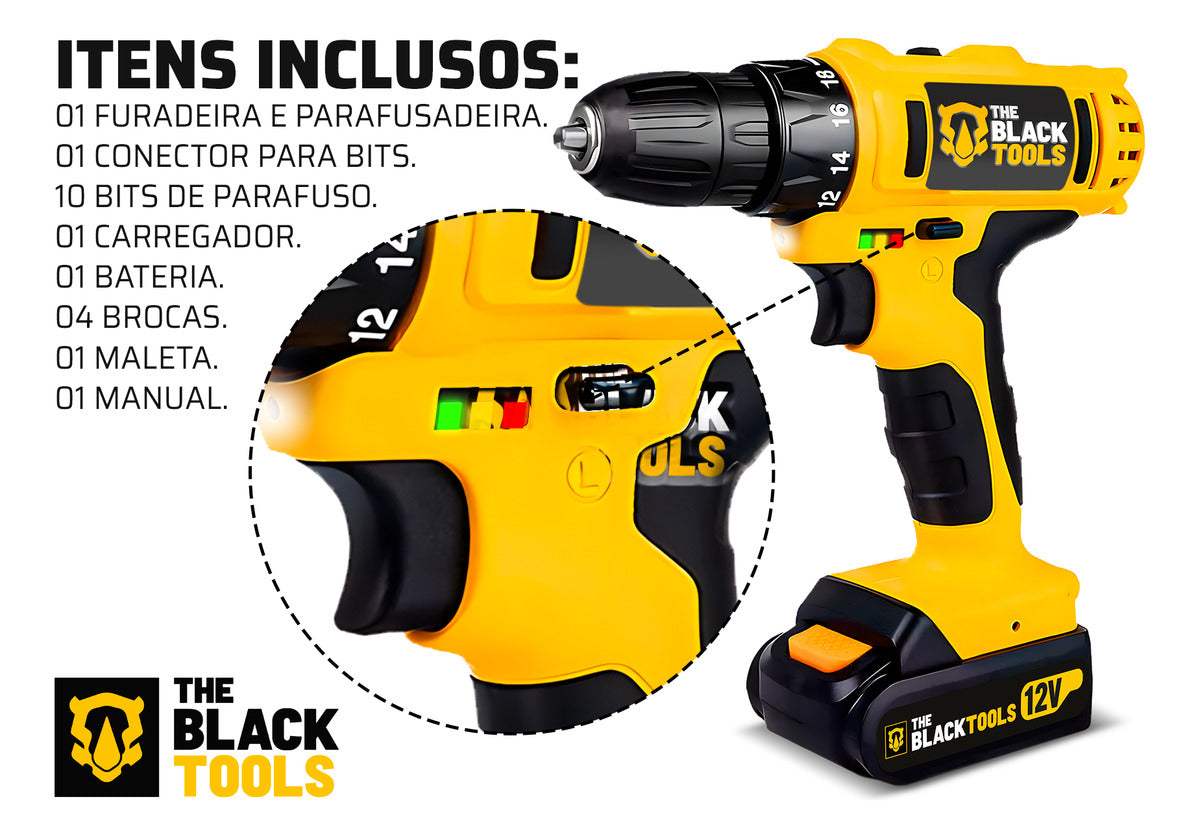Parafusadeira Furadeira Sem Fio Bateria 12v P/ Madeira Metal Tb-12e The Black Tools Com Jogo De Soquetes 40 Peças