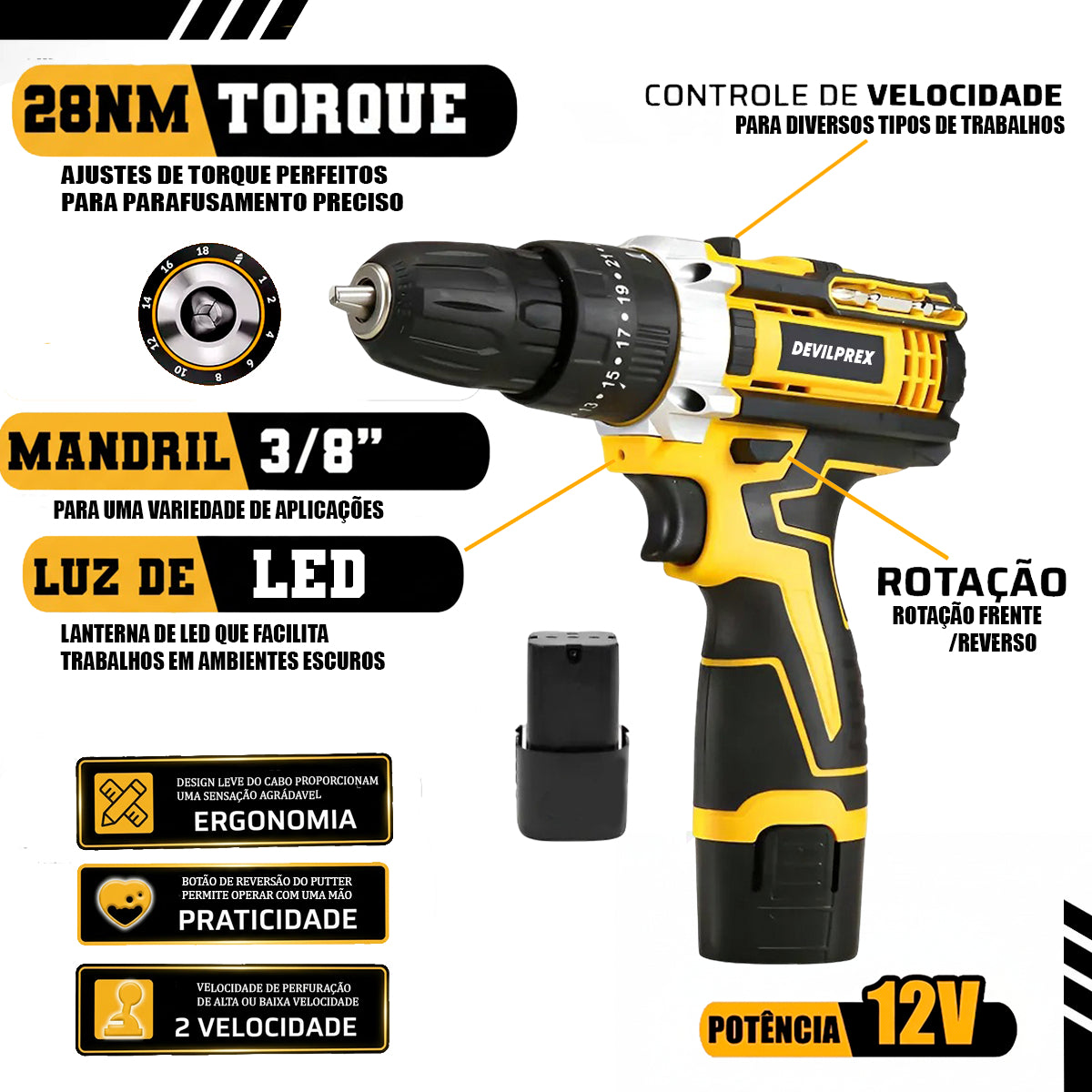 Jogo De Ferramentas 169 Peças Com Maleta E Furadeira Parafusadeira Sem Fio A Bateria 12v Devilprex