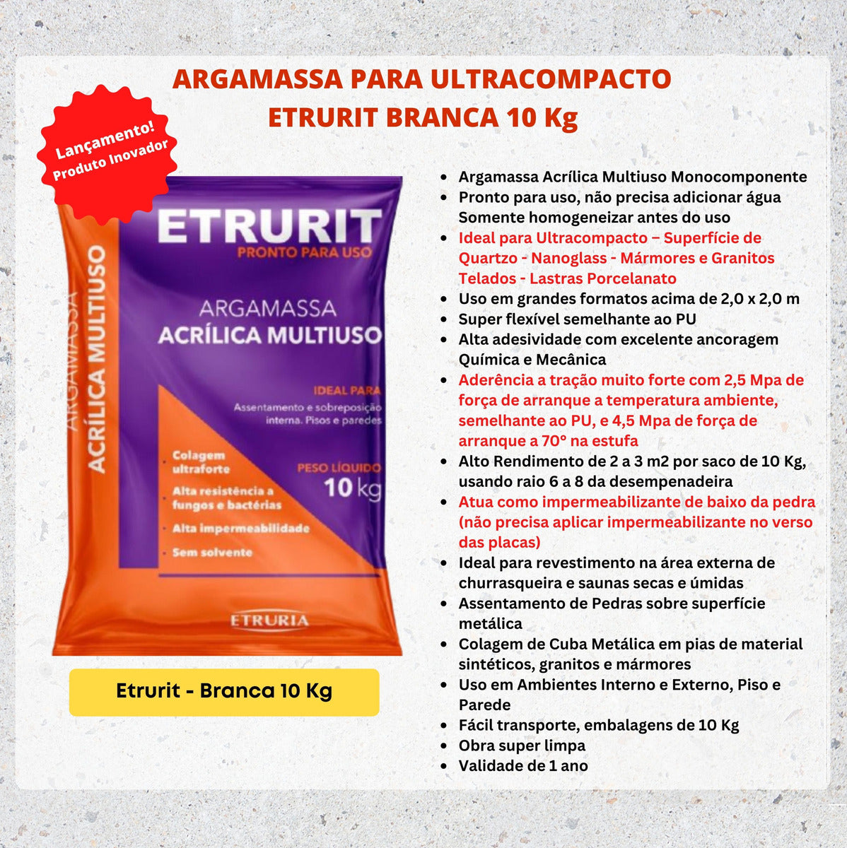 Massa Acrílica Branca Porcelanato Super Premium Etrurit 10kg Polimérica Porcelanatos, Mármores, Ultracompacto, Ceramicas