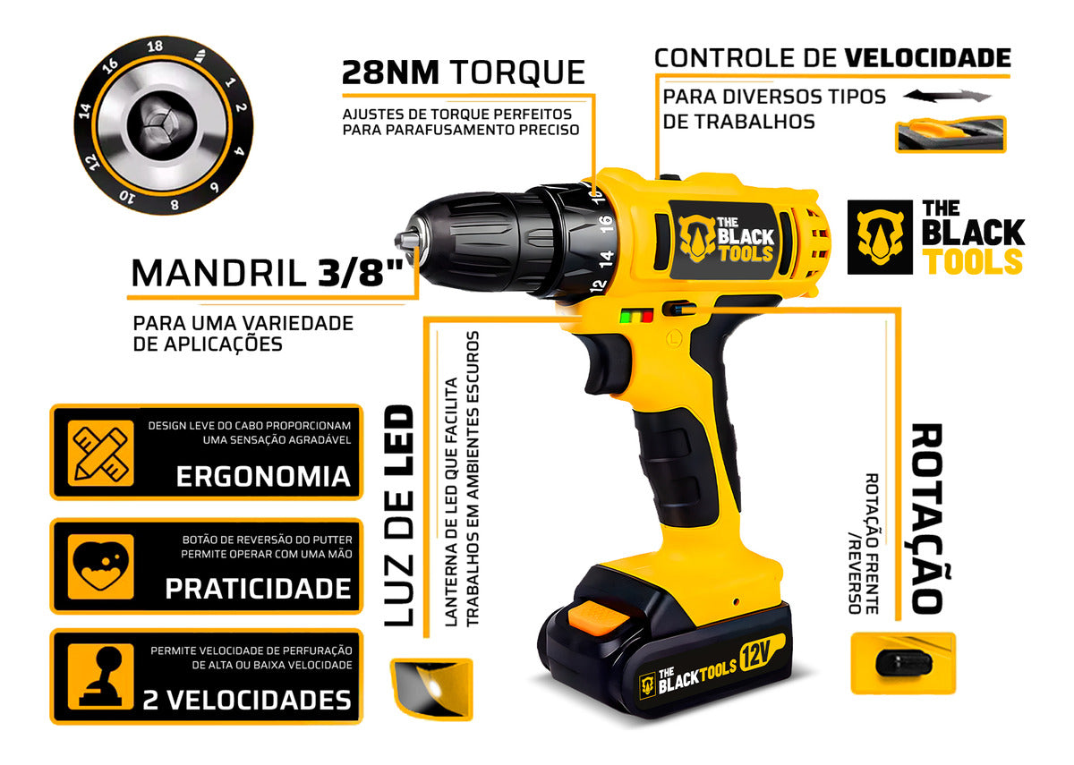 Parafusadeira Furadeira Sem Fio Bateria 12v P/ Madeira Metal Tb-12e The Black Tools Com Jogo De Soquetes 40 Peças